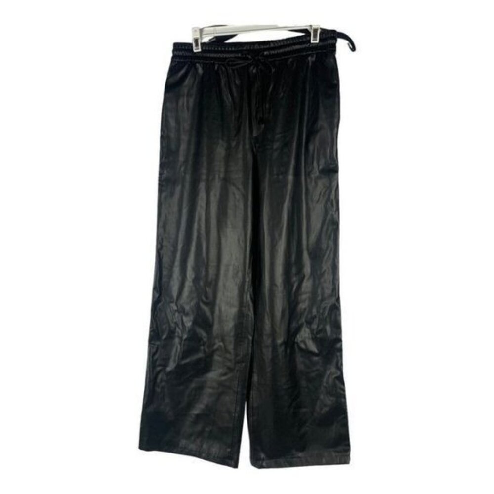 Zara Womens Faux Leather Wide Leg Pants Drawstring Waist Size Small